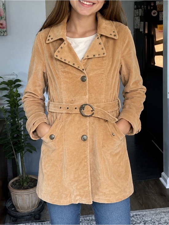 Bianni Other - Bianni Girls Size 14 Camel Belted Stretch Trench Coat Studded Lapel Cotton Blend